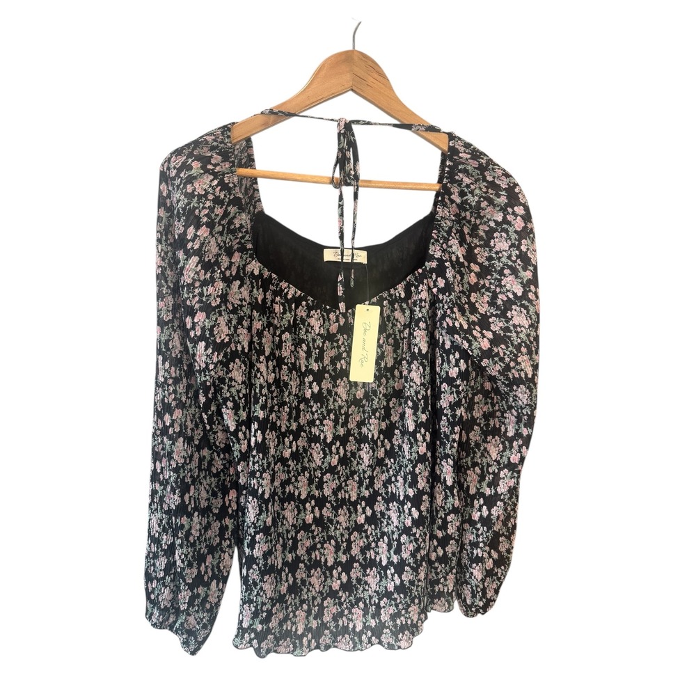 NWT Doe & Rae Large Black Floral‎ Square Neck Puff Sleeve Tie Back Blouse Boho